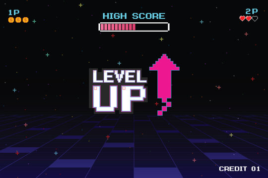 LEVEL UP icon pixel art. 8 bit game. retro game. Retro Futurism Sci-Fi Background. glowing neon grid. and stars from vintage arcade computer games