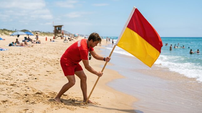 Male lifeguard planting a red and yellow flag on the beach to mark a safe zone