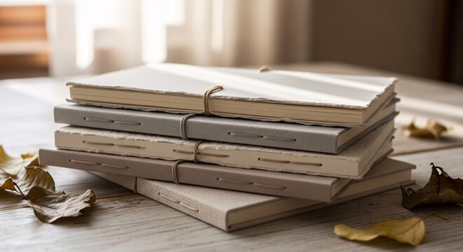 A stack of aesthetically pleasing, neutral-toned notebooks with visible stitching, surrounded by fallen leaves, evoking a sense of rustic charm and artisanal craftsmanship
