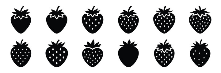 Summer beach icon set with strawberry 12 black silhouette icons. © KartikChandro