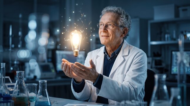 Senior male scientist in a research laboratory holding a glowing lightbulb for innovation