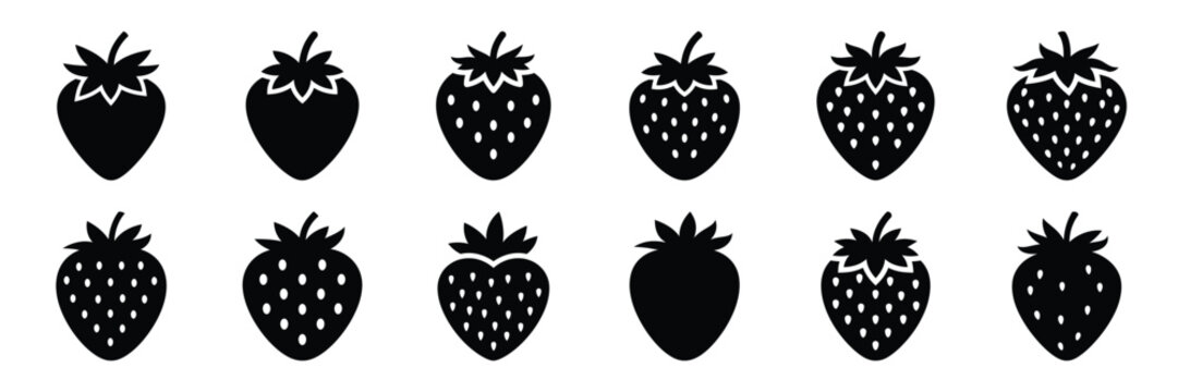Summer beach icon set with strawberry 12 black silhouette icons.