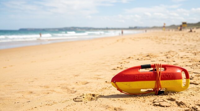 Yellow and red rescue buoy laying on a sandy beach with ocean waves background