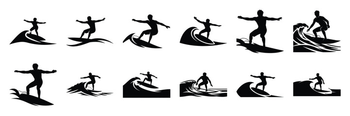 Summer beach icon set with surfer 12 black silhouette icons. © KartikChandro
