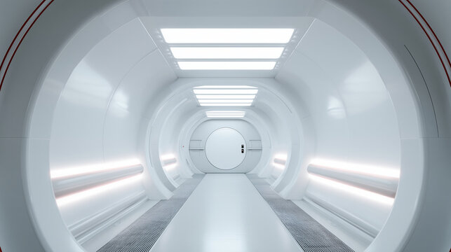 Minimal futuristic space station hallway with round hatch doors and soft white lighting, advanced spacecraft architecture background futuristic hallway, space station corridor, spa