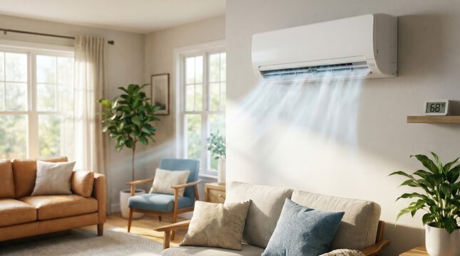 Modern minimalist living room with a white wall mounted AC unit blowing air