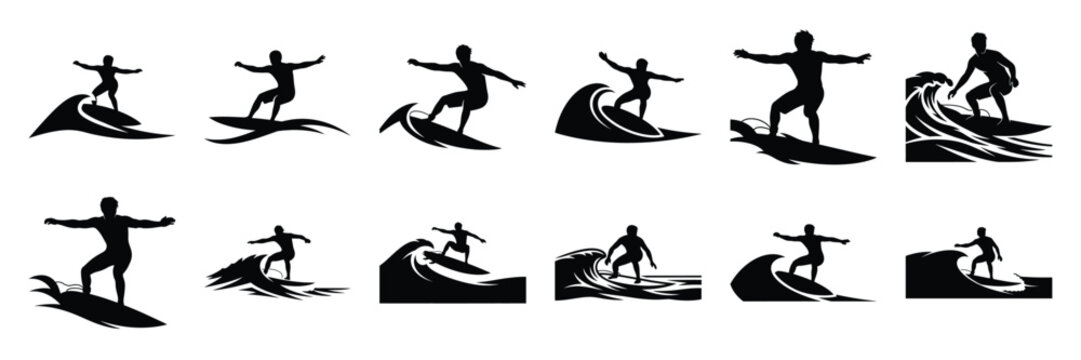 Summer beach icon set with surfer 12 black silhouette icons.