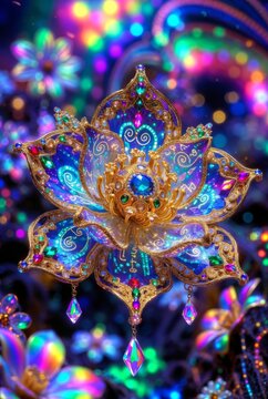 Magnifico Fiore di Loto Ornito di Gioielli Blu e Viola con Cristalli Pendenti in un Mondo Magico