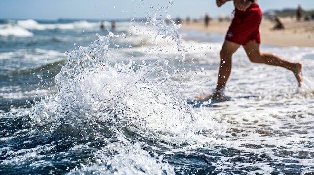 High intensity coastal interval training with waves splashing on beach