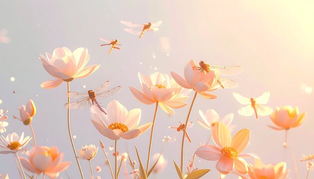 Soft focus wildflowers and dragonflies in golden hour sunlight, gentle breeze, pastel colors, serene nature scene, perfect for summer themes or background
