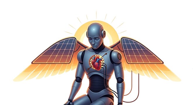 Sci fi android with solar wings and a glowing mechanical heart in a conceptual futuristic style.