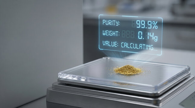 Digital scale gold dust hologram display purity reading weight measurement laboratory equipment futuristic technology precision tool digital scale
