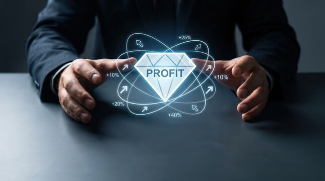 Premium Financial Value and Profit Growth Concept: Hands with Holographic Diamond Icon, Strategic Data Network, and Growth Percentages