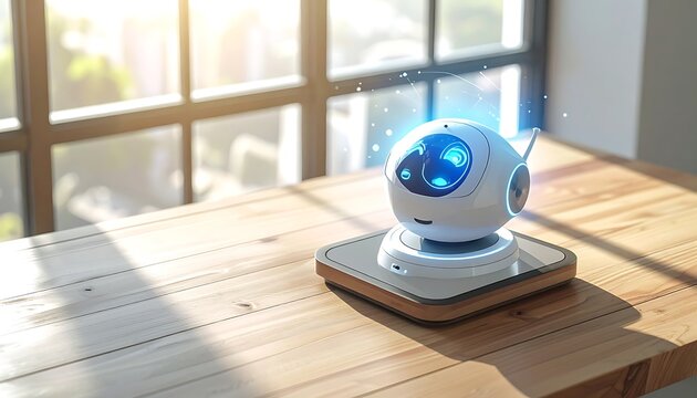 Small, spherical robot with glowing blue lights and antenna sits on a wooden table near a window with sunlight streaming in, futuristic technology concept