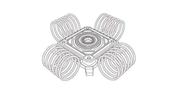 Mechanical schematic line art featuring a central gear base with four symmetrical spiral springs.
