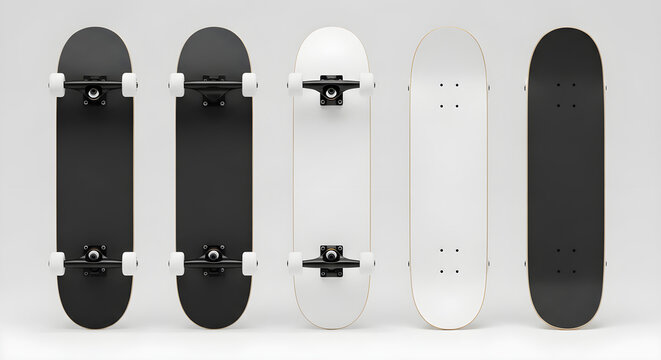 Five professional skateboards arranged in a neat row featuring blank black and white decks for custom design branding mockups isolated against a plain light gray studio background for creative project