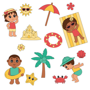 Personagens infantis tema de ver&atilde;o e praia estilo kawaii