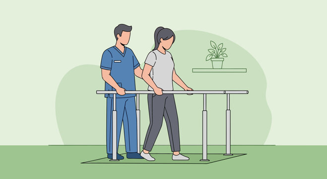 Physical therapist assisting patient walking with parallel bars for rehabilitation
