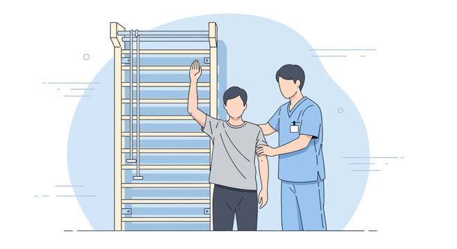 Physical therapist assisting patient with arm exercise on wall bars in rehabilitation clinic