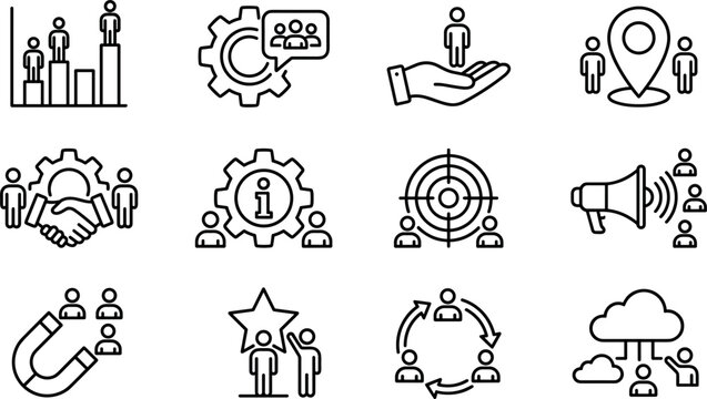 Human resources line icon set with recruitment teamwork leadership communication and employee management business symbols collection