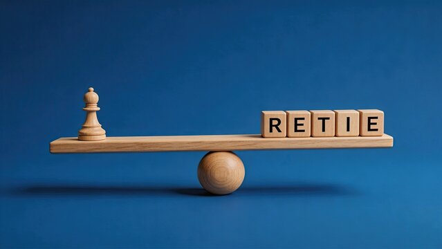 Wooden chess piece on a balance scale with blocks spelling RETIE symbolizing decision making balance and strategy in business or personal life blue background