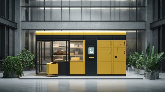 Modern automated parcel locker station sits in a minimalist lobby with indoor plants.
