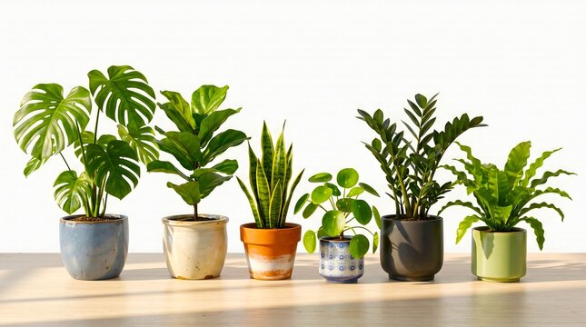 Collection of six various green houseplants in decorative ceramic pots arranged in a row on a wooden table against a plain white background