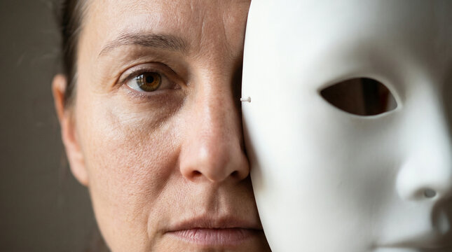 Woman holding white mask beside face indoors, Digital identity crisis