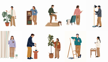 Set of flat illustrations featuring people in cozy autumn outfits enjoying mindful indoor activities, hobbies, and relaxation at home. © Haris