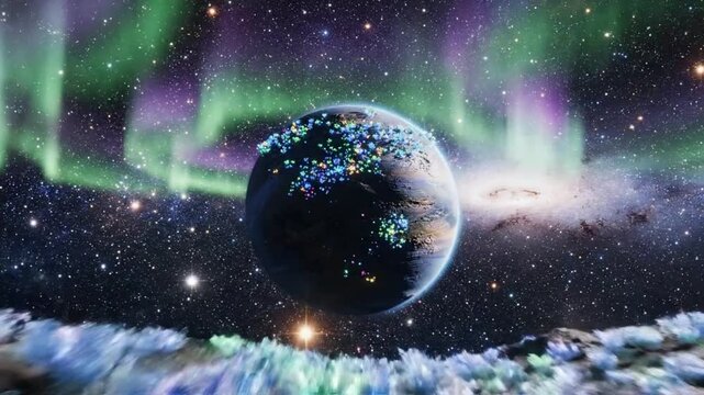 Shimmering alien planet  flora aurora and . luminous alien meadow of glowing flowers aurora and starry sky. surreal alien