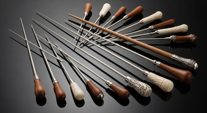 A striking collection of assorted silver metal conductor batons with varied wooden and ornate handles, elegantly arranged.
