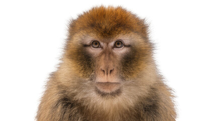 Isolated Barbary macaque monkey close up portrait with direct calm gaze and serious expression © Niamh