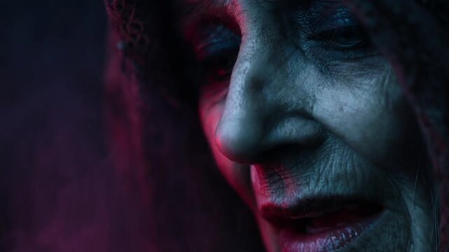 Close-up of a scary old woman's wrinkled face chanting in a dark, mysterious setting