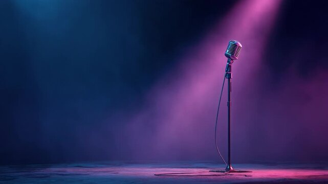 Single retro microphone on a stand is illuminated by a spotlight on a dark, empty stage
