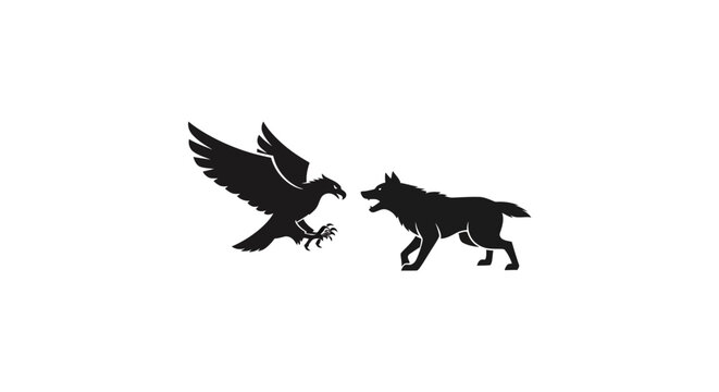 Silhouette of an eagle attacking a wolf, symbolizing conflict and nature's duality.