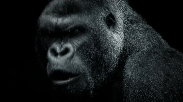 Menacing silverback gorilla roaring in anger and displaying aggressive behavior on a black background