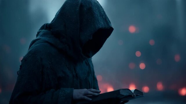 Mysterious sorcerer in a dark robe holding a glowing magic book with red sparks flying out