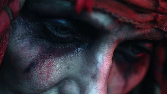 Extreme close-up of a wounded person's face with pale skin and bloody scratches slowly closing their eyes