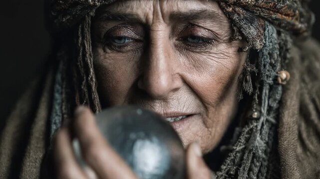 Old woman with striking blue eyes performing a ritual while gazing into a crystal ball