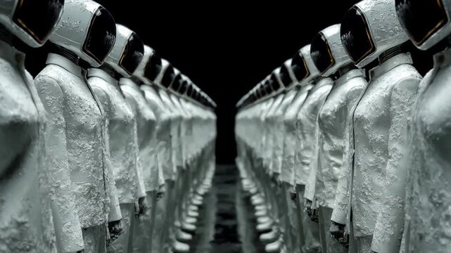 Two opposing lines of identical androids or robots standing still in a dark, futuristic environment