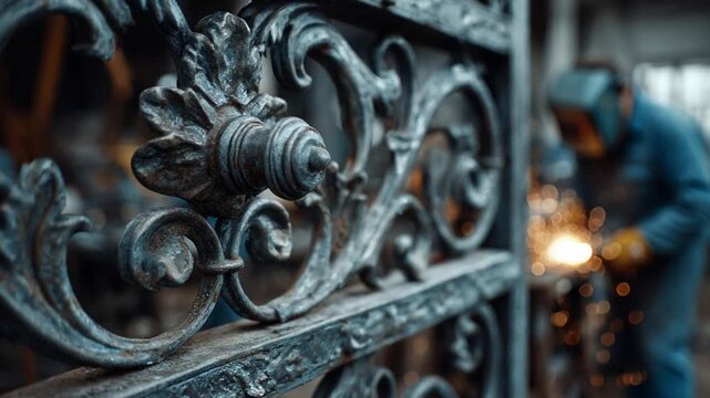 Close-up of an ornate iron gate with a welder creating sparks in a blurred background workshop