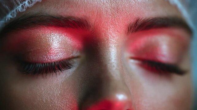Female patient undergoing laser eye correction surgery in an ophthalmology clinic, close-up view