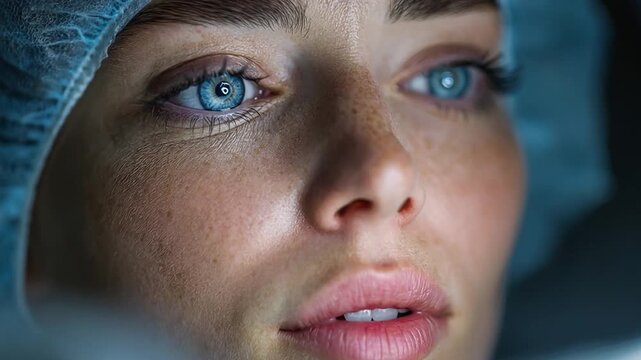 Woman's face with blue eyes opening after sedation in a hospital operating room