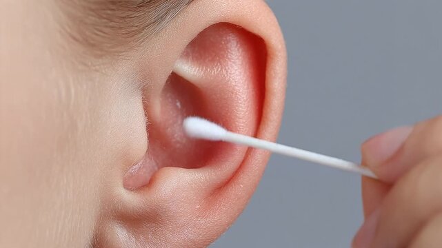 Close-up of a hand using a white cotton swab to clean inside an ear for personal hygiene