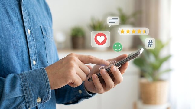 Person using smartphone with social media and review icons floating above app store smartphone application technology communication internet