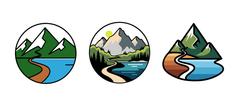 Three mountain and river landscape emblem vector designs representing International Mountain Day.