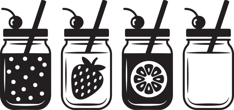 Set of four mason jar drinks, including polka dot, strawberry, orange, and empty jar, vector illustration.