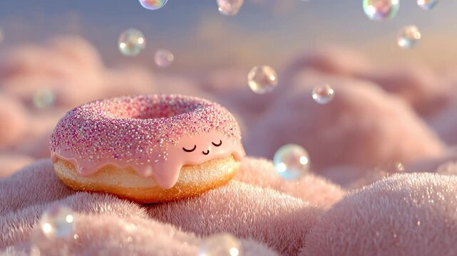Donut pink icing sprinkles cute face bubble soft pastel dreamy dessert sweet pastry, 3d render with fluffy fabric surface and frosting