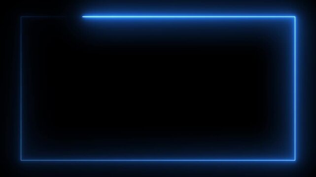 Abstract Blue Neon Glowing Rectangle Frame on Black Background; Futuristic Cyberpunk Gaming Border with Electric Laser Light for Social Media, Video Overlay, and Digital Technology Design.