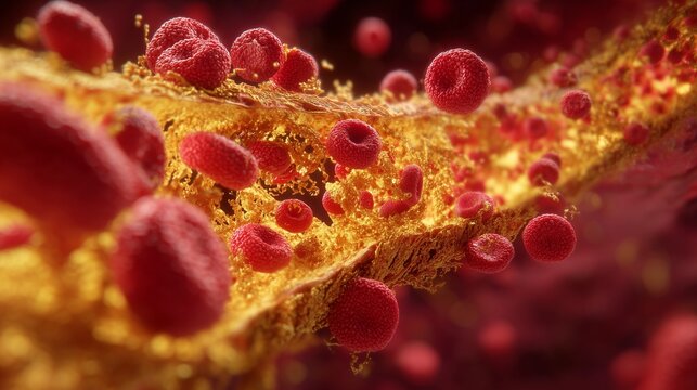Cholesterol Plaque Buildup Inside Human Artery with Red Blood Cells Medical 3D Illustration